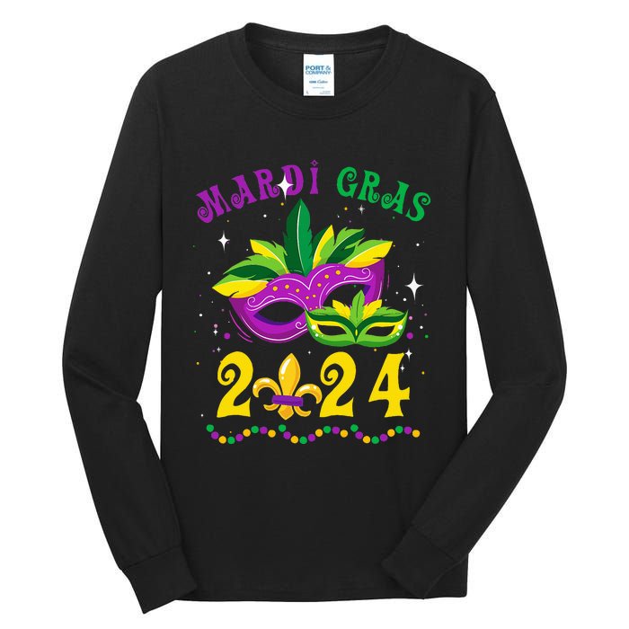 Mardi Gras 2024 Mask Fleur De Lys Beads Nola Carnival Party Tall Long Sleeve T-Shirt