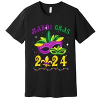 Mardi Gras 2024 Mask Fleur De Lys Beads Nola Carnival Party Premium T-Shirt