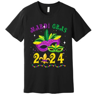 Mardi Gras 2024 Mask Fleur De Lys Beads Nola Carnival Party Premium T-Shirt