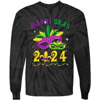 Mardi Gras 2024 Mask Fleur De Lys Beads Nola Carnival Party Tie-Dye Long Sleeve Shirt