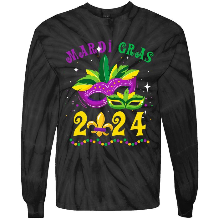 Mardi Gras 2024 Mask Fleur De Lys Beads Nola Carnival Party Tie-Dye Long Sleeve Shirt