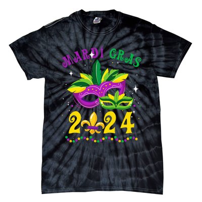 Mardi Gras 2024 Mask Fleur De Lys Beads Nola Carnival Party Tie-Dye T-Shirt