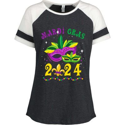 Mardi Gras 2024 Mask Fleur De Lys Beads Nola Carnival Party Enza Ladies Jersey Colorblock Tee