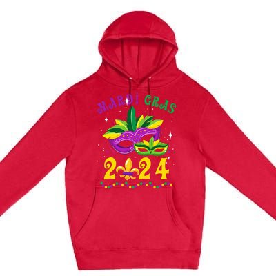 Mardi Gras 2024 Mask Fleur De Lys Beads Nola Carnival Party Premium Pullover Hoodie