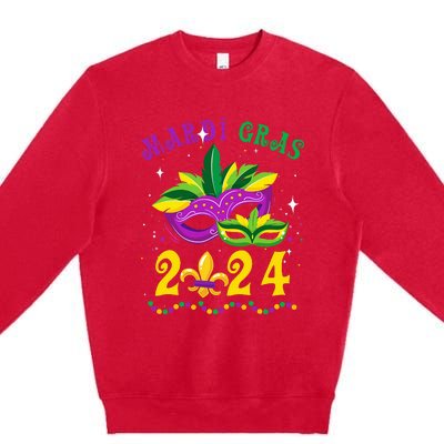 Mardi Gras 2024 Mask Fleur De Lys Beads Nola Carnival Party Premium Crewneck Sweatshirt