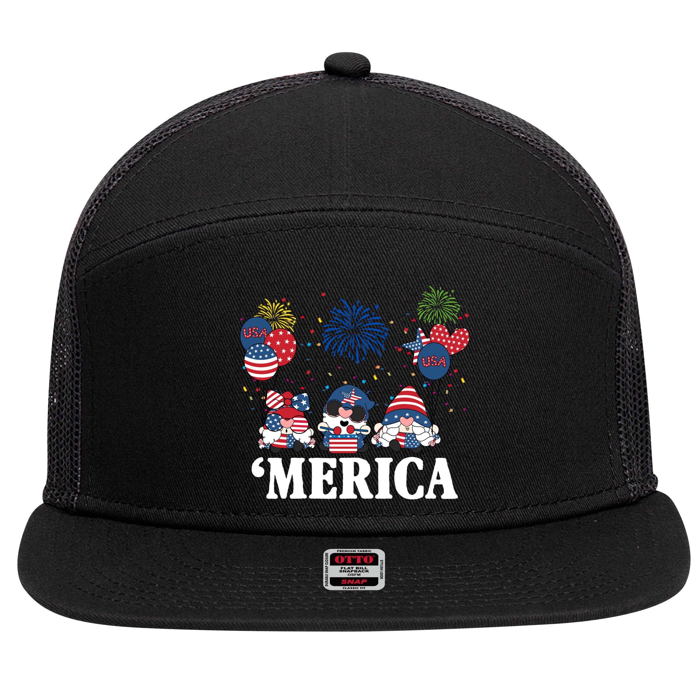 Merica Gnome 4th Of July Celebration 7 Panel Mesh Trucker Snapback Hat