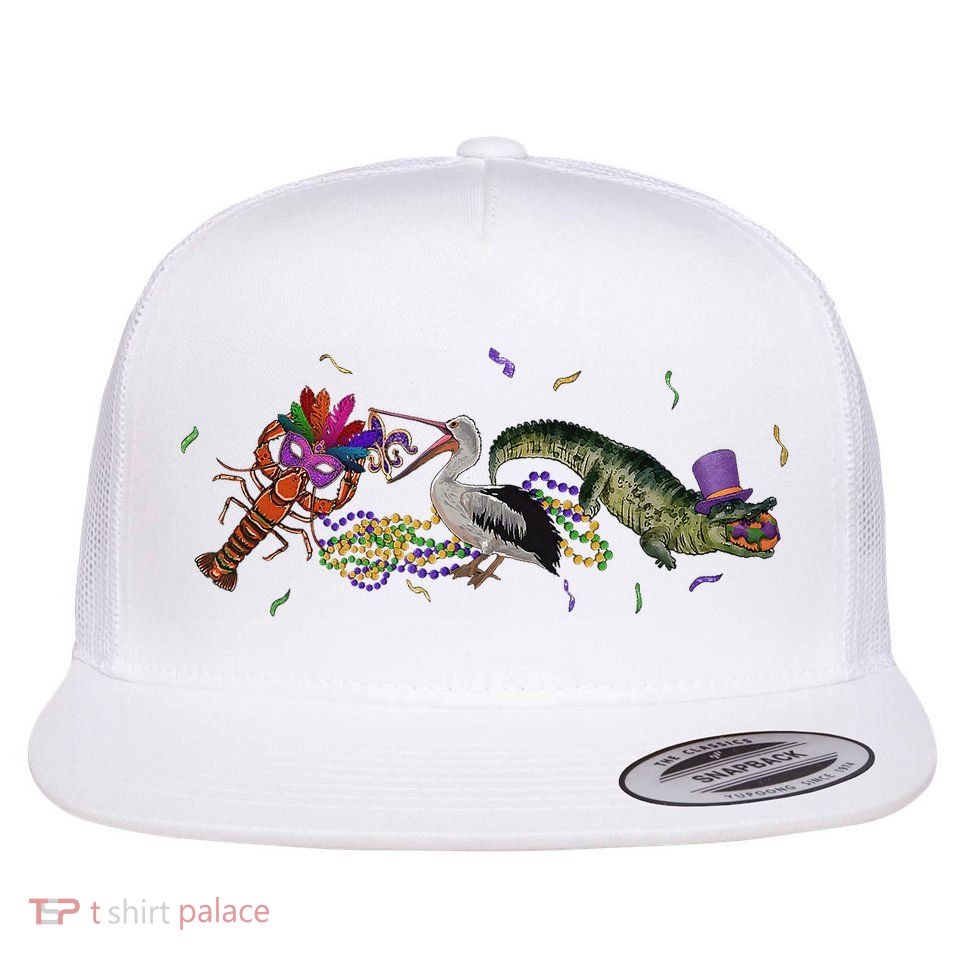 Mardi Gras Alligator Pelican Crawfish New Orleans Carnival Flatbill Hat