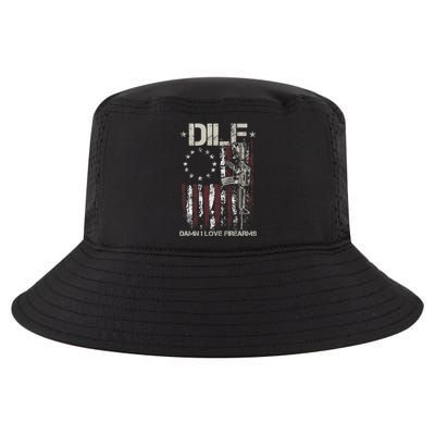 Men Gun American Flag DILF Damn I Love Firearms Cool Comfort Performance Bucket Hat