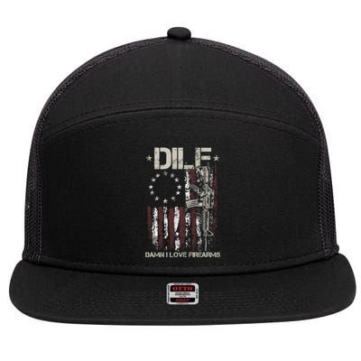 Men Gun American Flag DILF Damn I Love Firearms 7 Panel Mesh Trucker Snapback Hat