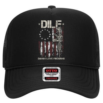 Men Gun American Flag DILF Damn I Love Firearms High Crown Mesh Back Trucker Hat