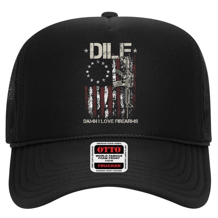 Men Gun American Flag DILF Damn I Love Firearms High Crown Mesh Back Trucker Hat