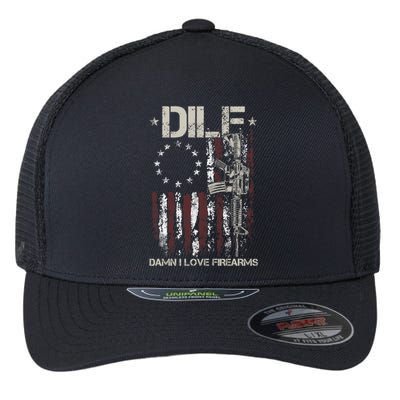 Men Gun American Flag DILF Damn I Love Firearms Flexfit Unipanel Trucker Cap