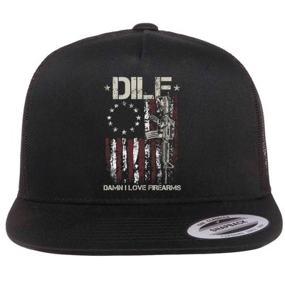 Men Gun American Flag DILF Damn I Love Firearms Flat Bill Trucker Hat