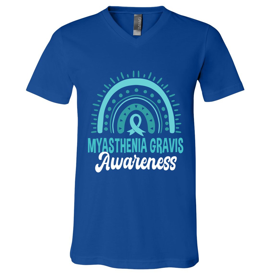 Myasthenia Gravis Awareness Boho Rainbow Wear Teal Ribbon Meaningful Gift V-Neck T-Shirt
