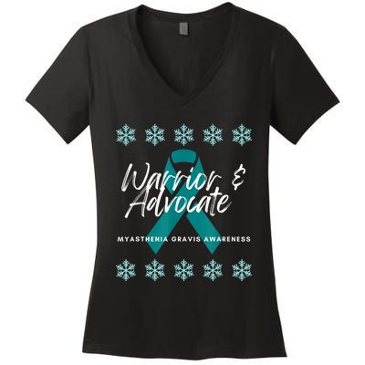 Myasthenia Gravis Awareness Teal Ribbon Warrior Advocate Women's V-Neck T-Shirt