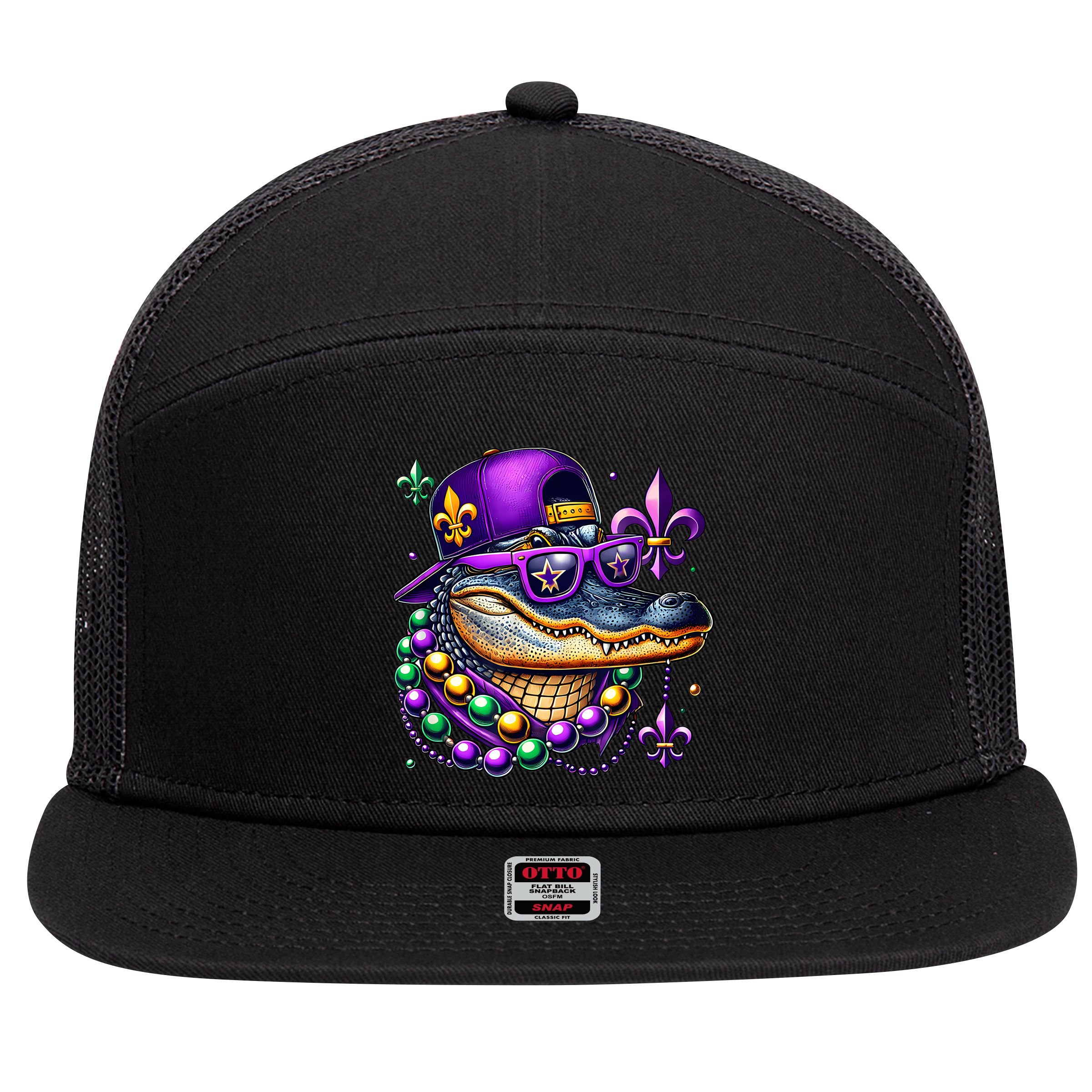 Mardi Gras Alligator Mardigator Crocodile 7 Panel Mesh Trucker Snapback Hat