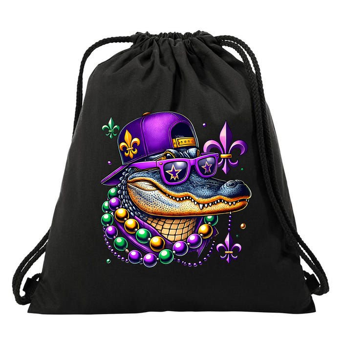 Mardi Gras Alligator Mardigator Crocodile Drawstring Bag