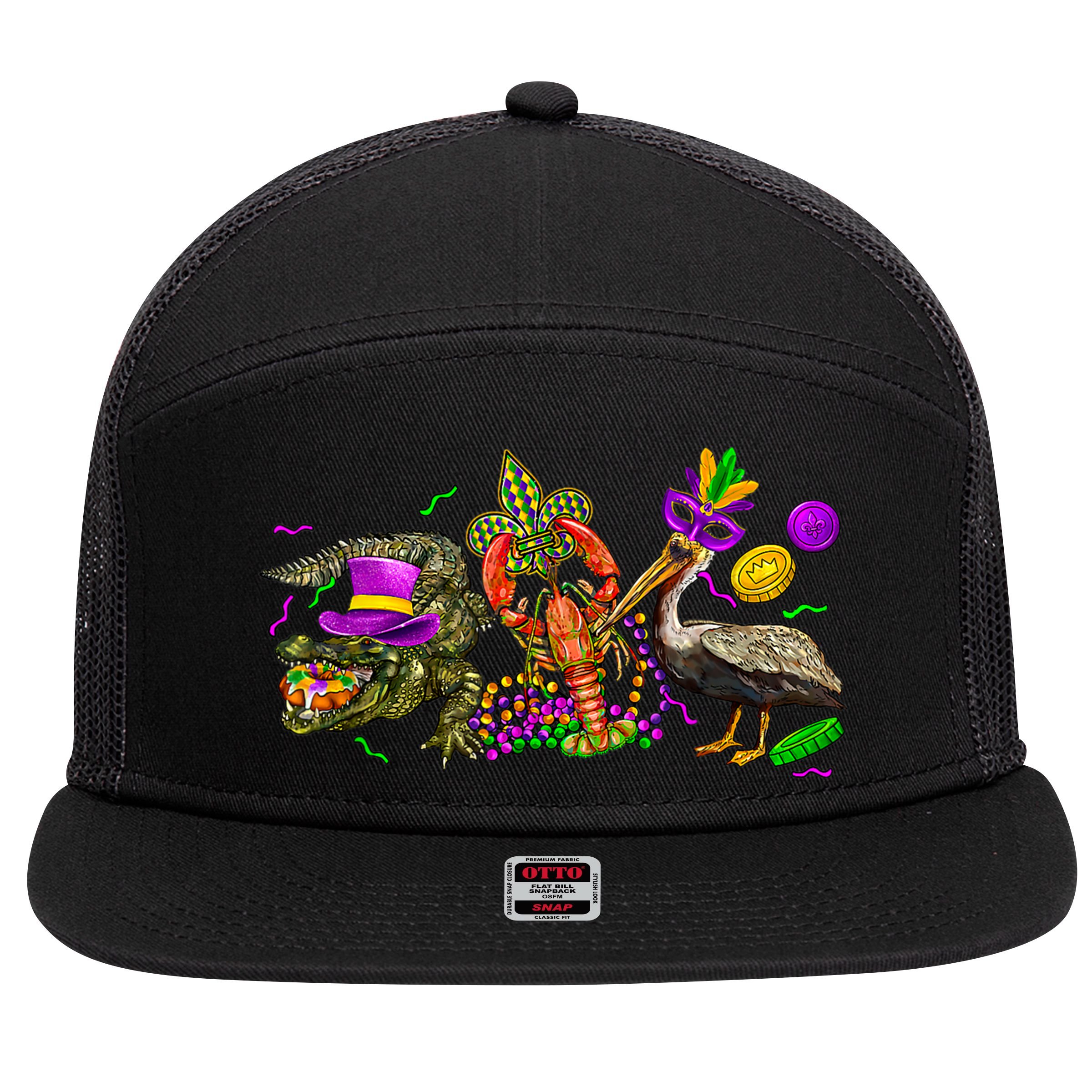Mardi Gras ABC Alligator Brown Pelican Crawfish Louisiana 7 Panel Mesh Trucker Snapback Hat