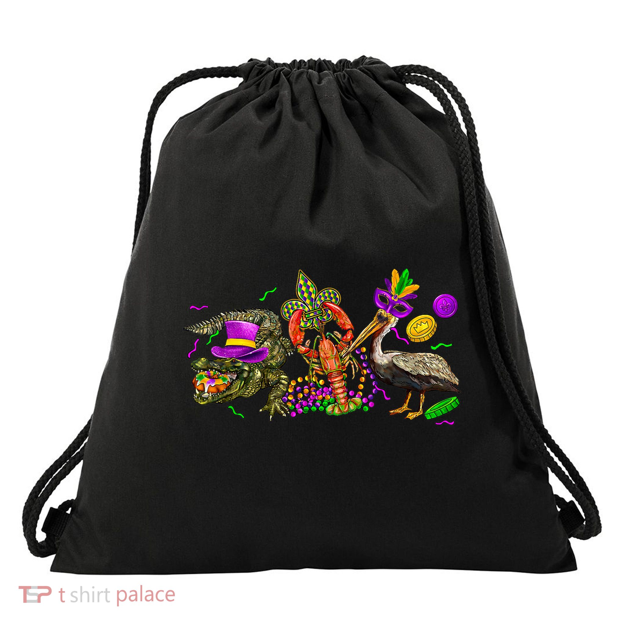 Mardi Gras ABC Alligator Brown Pelican Crawfish Louisiana Drawstring Bag