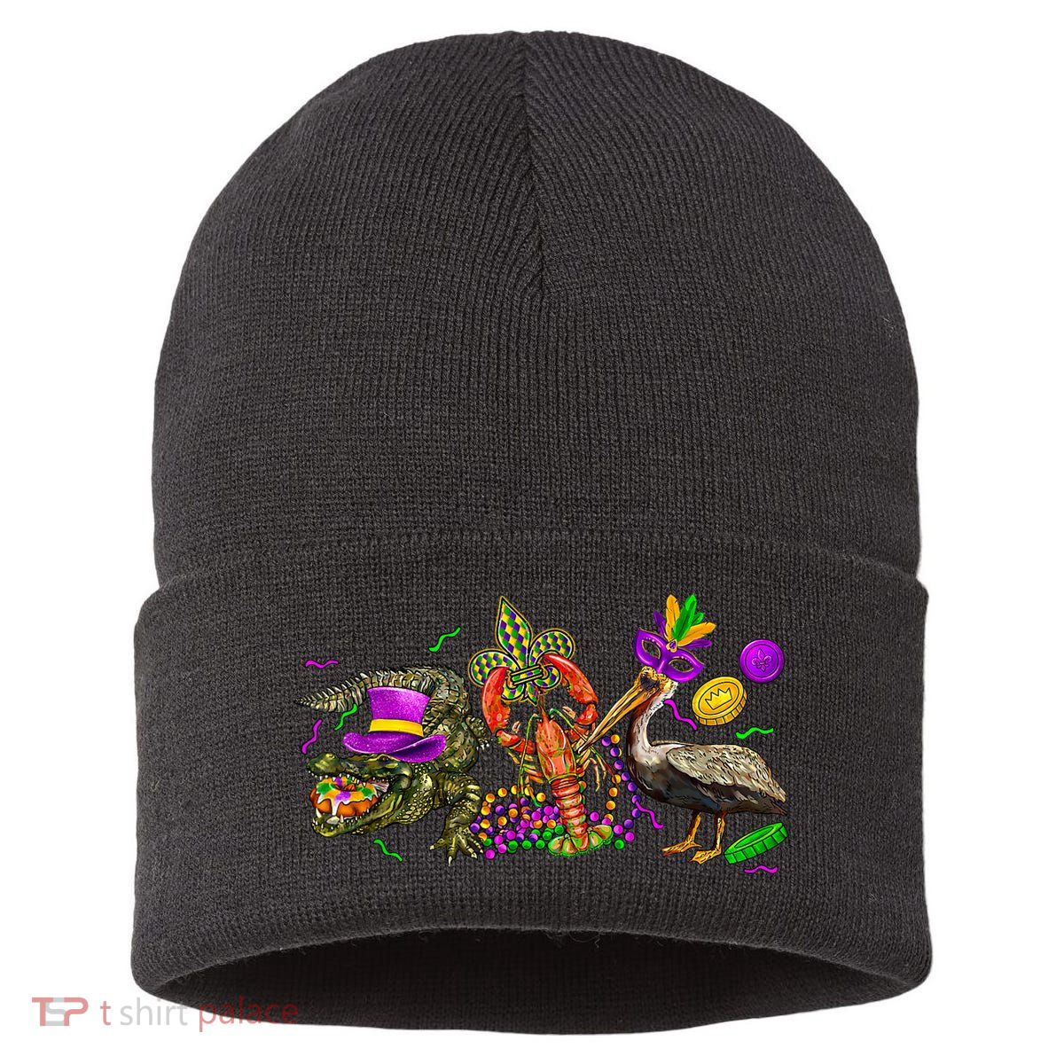 Mardi Gras ABC Alligator Brown Pelican Crawfish Louisiana Sustainable Knit Beanie