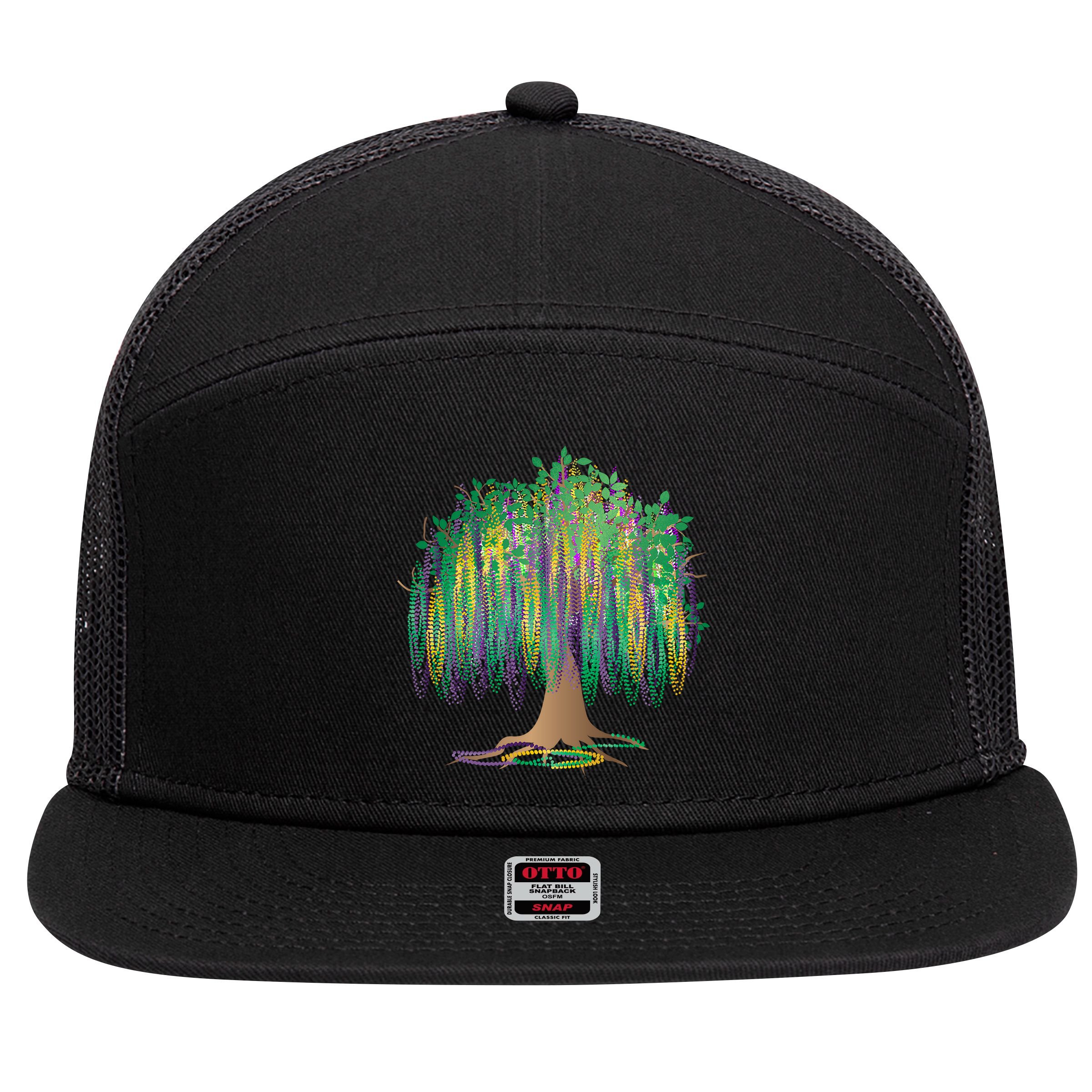 Mardi Gras Bead Tree Celebration 7 Panel Mesh Trucker Snapback Hat