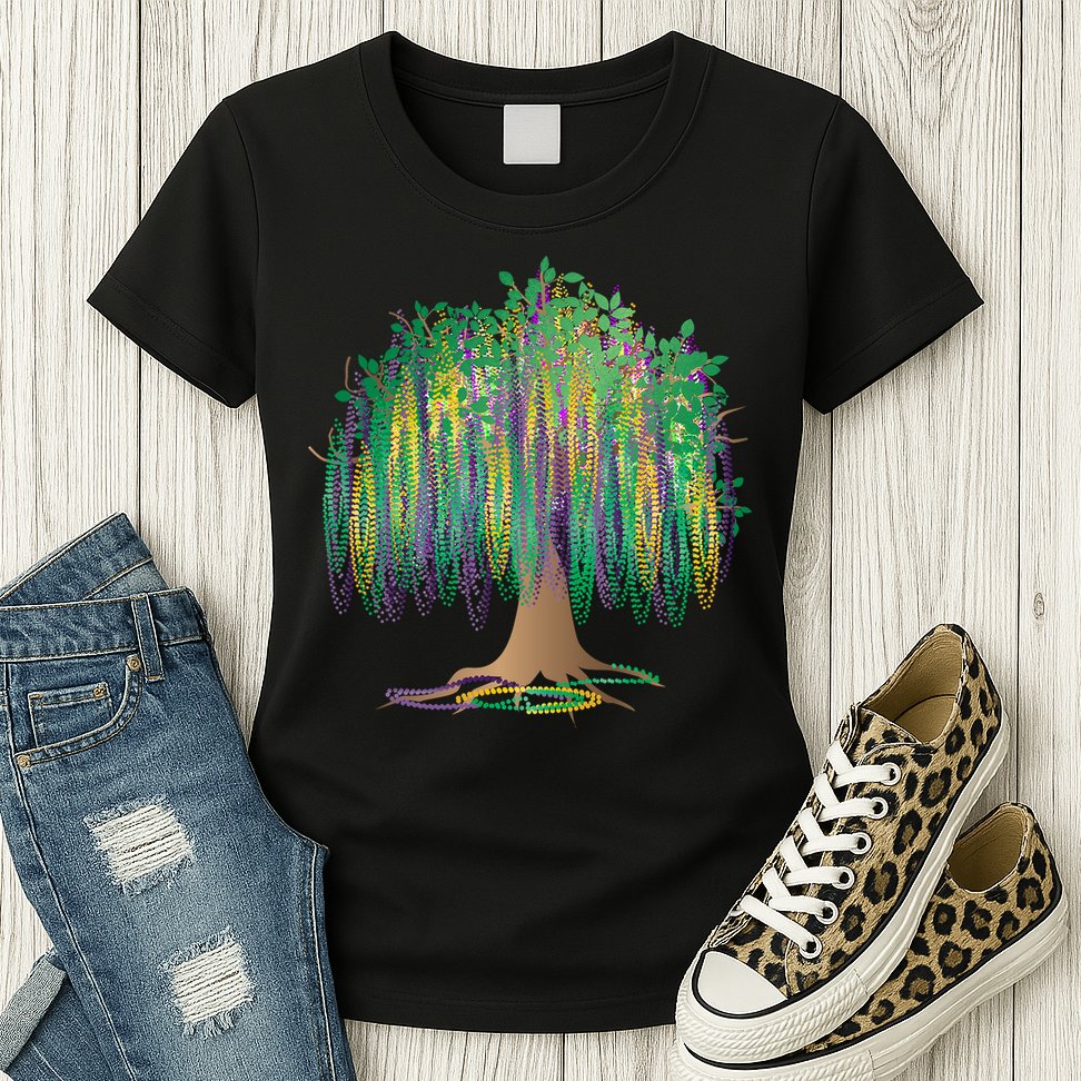 Mardi Gras Bead Tree Celebration Womens T-Shirt
