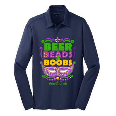 Mardi Gras Beer Beads Boobs Funny New Orleans Silk Touch Performance Long Sleeve Polo