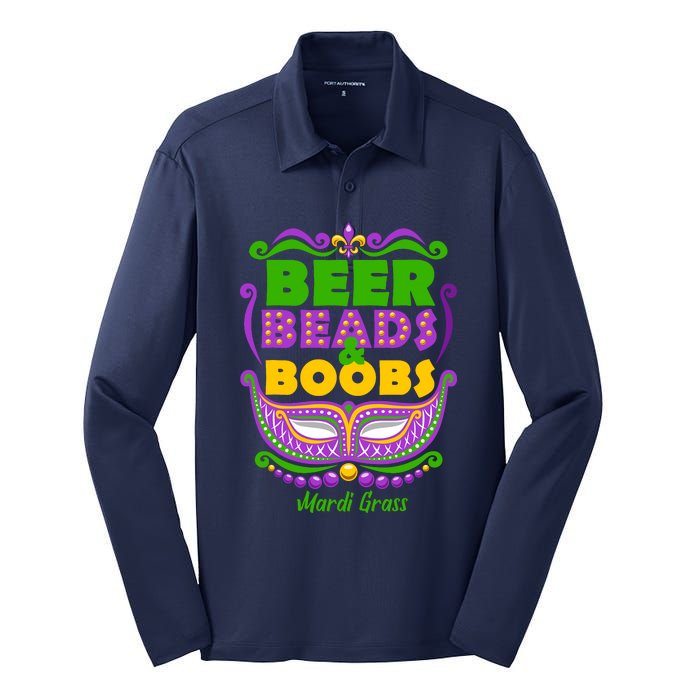 Mardi Gras Beer Beads Boobs Funny New Orleans Silk Touch Performance Long Sleeve Polo