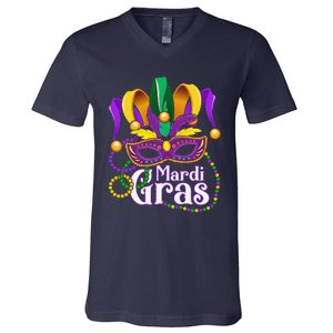 Mardi Gras Beads Feathered Mask For V-Neck T-Shirt