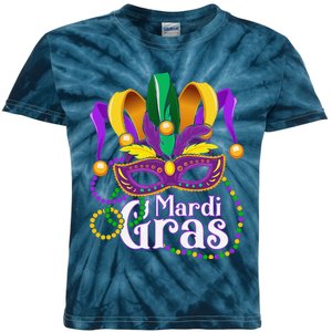 Mardi Gras Beads Feathered Mask For Kids Tie-Dye T-Shirt