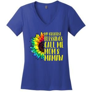 My Greatest Blessings Call Me Mom Mamaw Sunflower Tie Dye Meaningful Gift Women's V-Neck T-Shirt