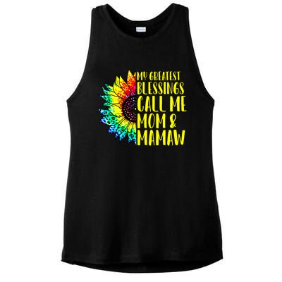 My Greatest Blessings Call Me Mom Mamaw Sunflower Tie Dye Meaningful Gift Ladies PosiCharge Tri-Blend Wicking Tank