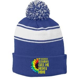 My Greatest Blessings Call Me Mom Mimi Sunflower Tie Dye Meaningful Gift Stripe Pom Pom Beanie