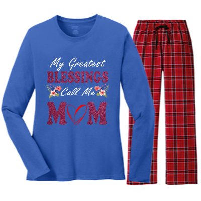 My Greatest Blessings Call Me Mom Flower Gift Women's Long Sleeve Flannel Pajama Set 