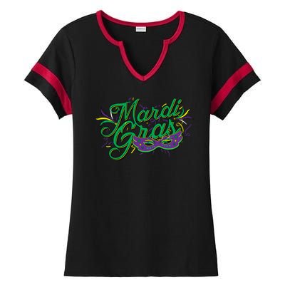 Mardi Gras Celebration Logo Ladies Halftime Notch Neck Tee