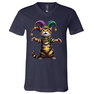 Meowdy Gras Cat Kitten Beads Mask Colorful Mardi Gras Party V-Neck T-Shirt