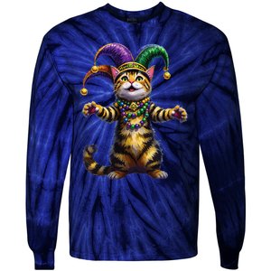 Meowdy Gras Cat Kitten Beads Mask Colorful Mardi Gras Party Tie-Dye Long Sleeve Shirt