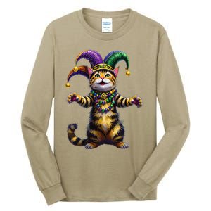 Meowdy Gras Cat Kitten Beads Mask Colorful Mardi Gras Party Tall Long Sleeve T-Shirt