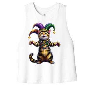 Meowdy Gras Cat Kitten Beads Mask Colorful Mardi Gras Party Women's Racerback Cropped Tank