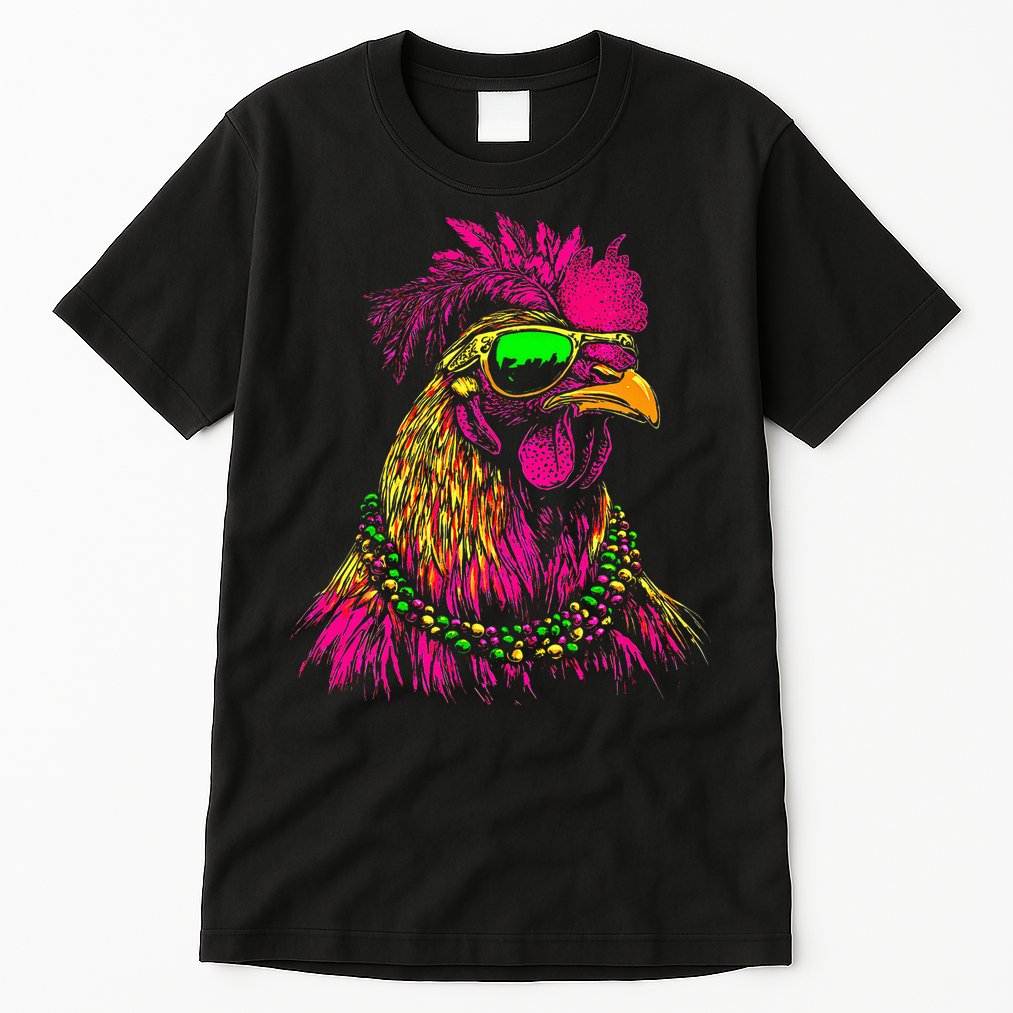 Mardi Gras Chicken Sunglasses Beads Farmer New Orleans Party Tall T-Shirt