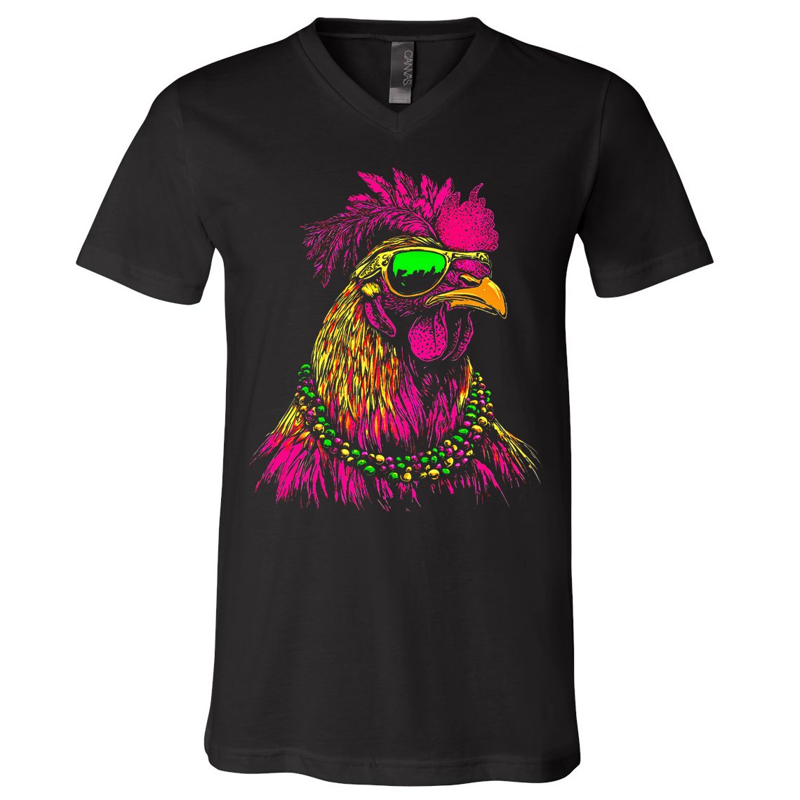 Mardi Gras Chicken Sunglasses Beads Farmer New Orleans Party V-Neck T-Shirt