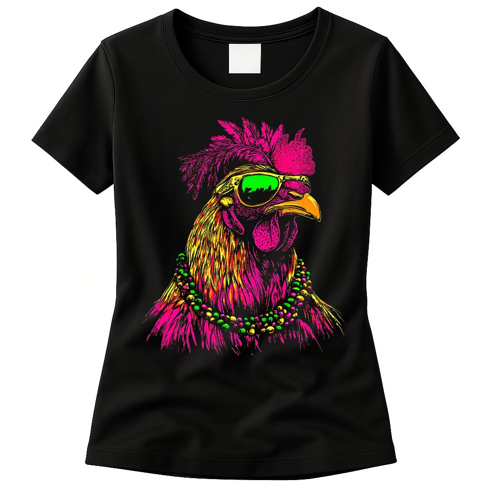 Mardi Gras Chicken Sunglasses Beads Farmer New Orleans Party Womens T-Shirt