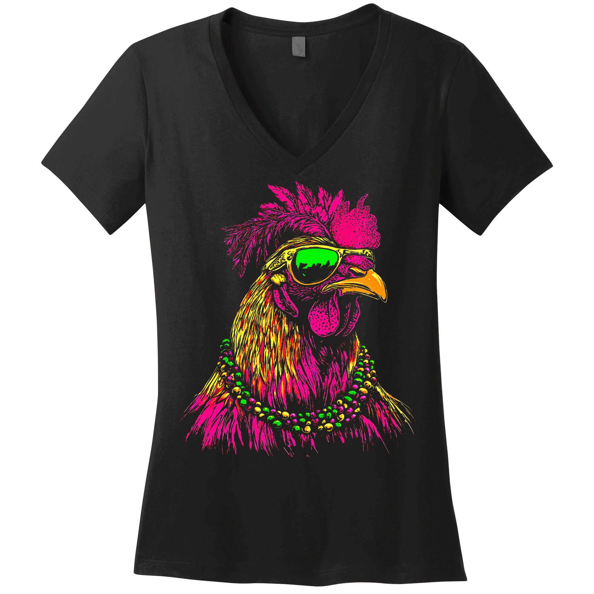 Mardi Gras Chicken Sunglasses Beads Farmer New Orleans Party Women's V-Neck T-Shirt