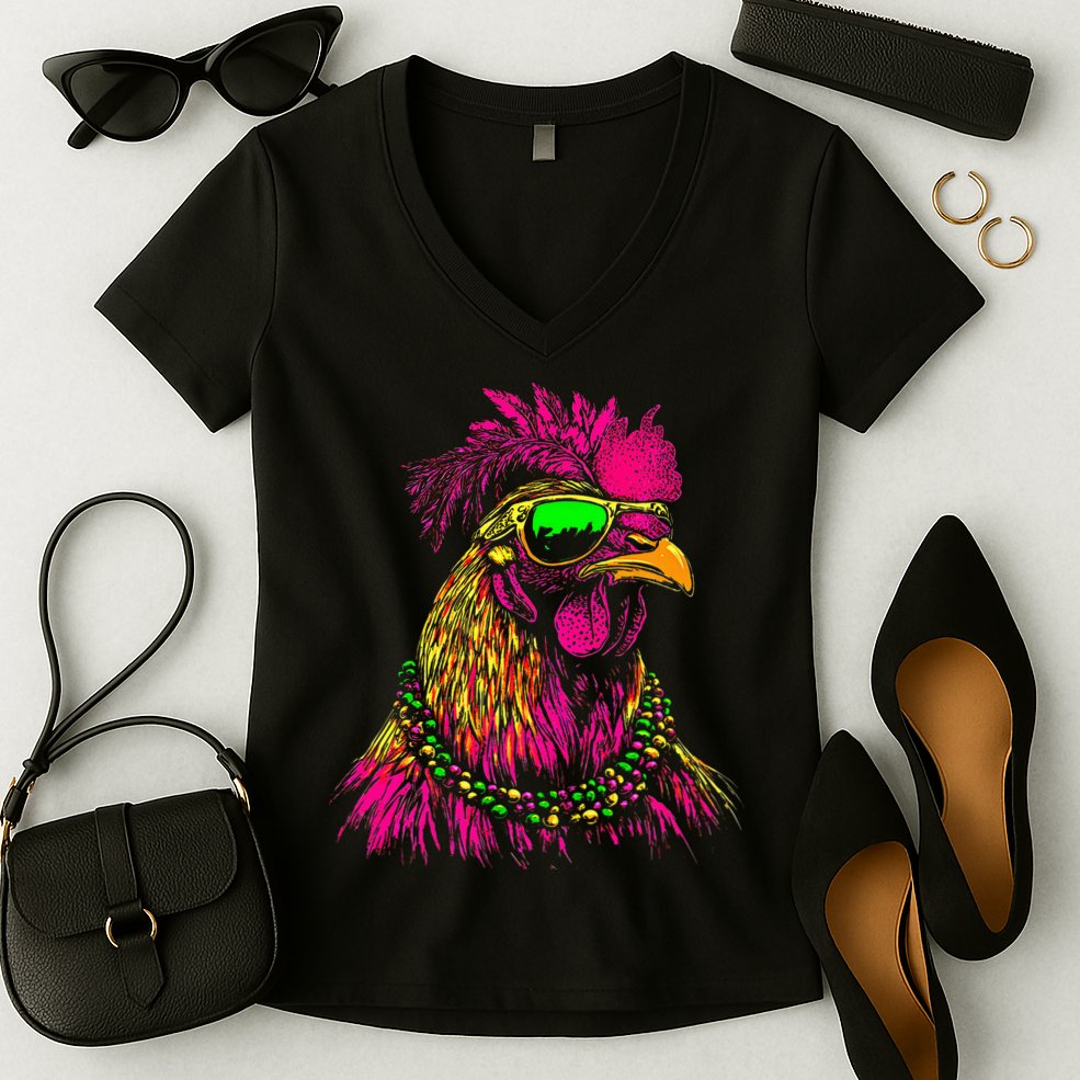 Mardi Gras Chicken Sunglasses Beads Farmer New Orleans Party Women's V-Neck T-Shirt