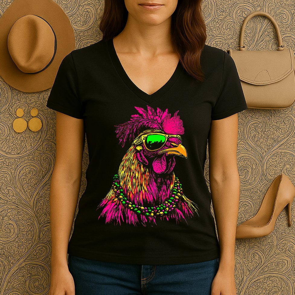 Mardi Gras Chicken Sunglasses Beads Farmer New Orleans Party Women's V-Neck T-Shirt