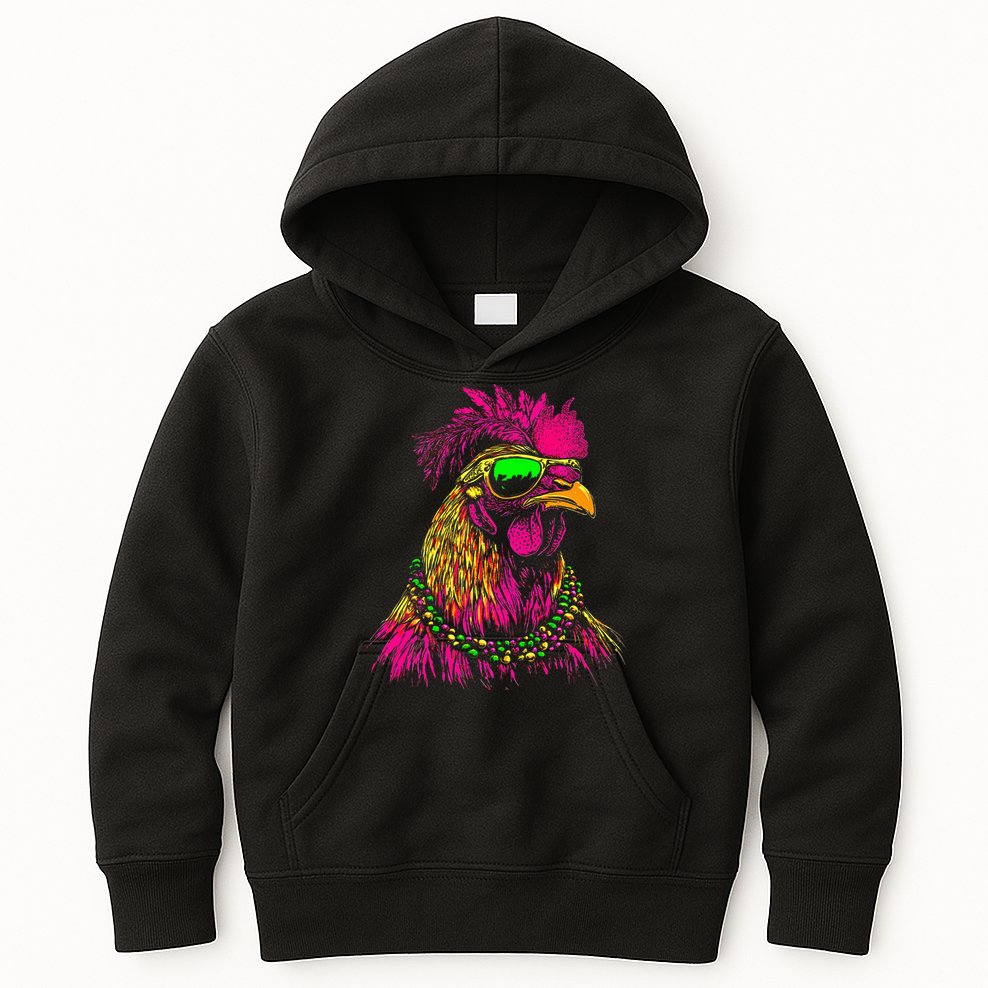 Mardi Gras Chicken Sunglasses Beads Farmer New Orleans Party Kids Hoodie