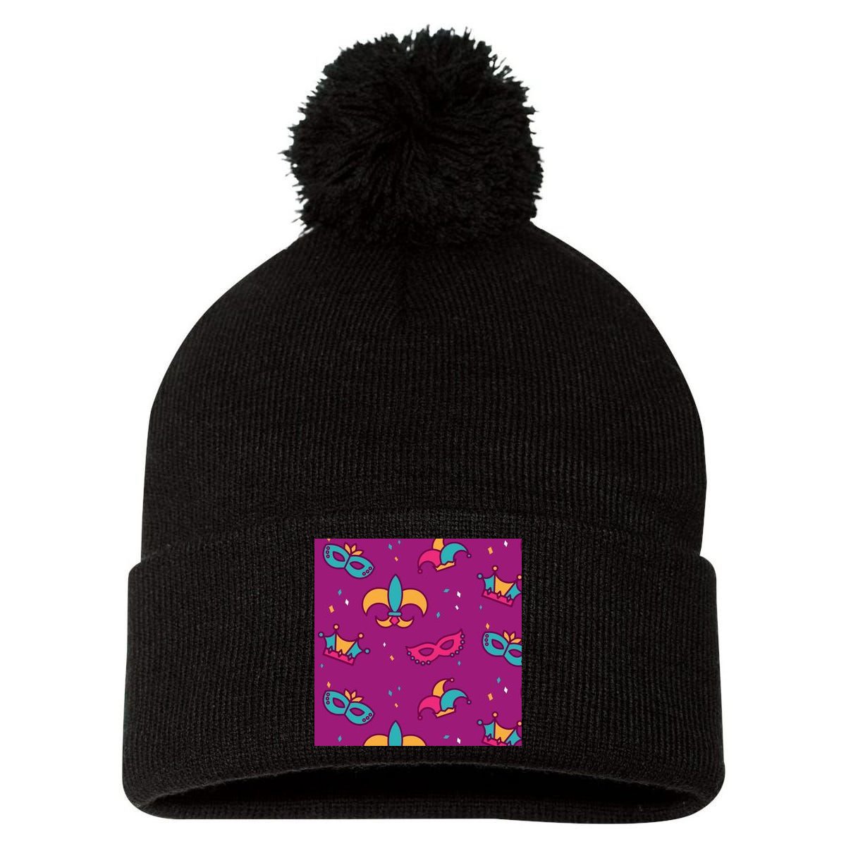 Mardi Gras Colorful Celebration Pattern Pom Pom 12in Knit Beanie