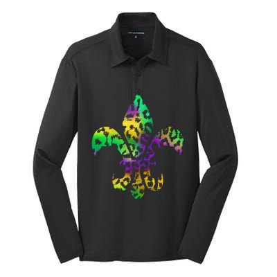 Mardi Gras Cute Gift Tie Dye Fleur De Lis Leopard Print Silk Touch Performance Long Sleeve Polo