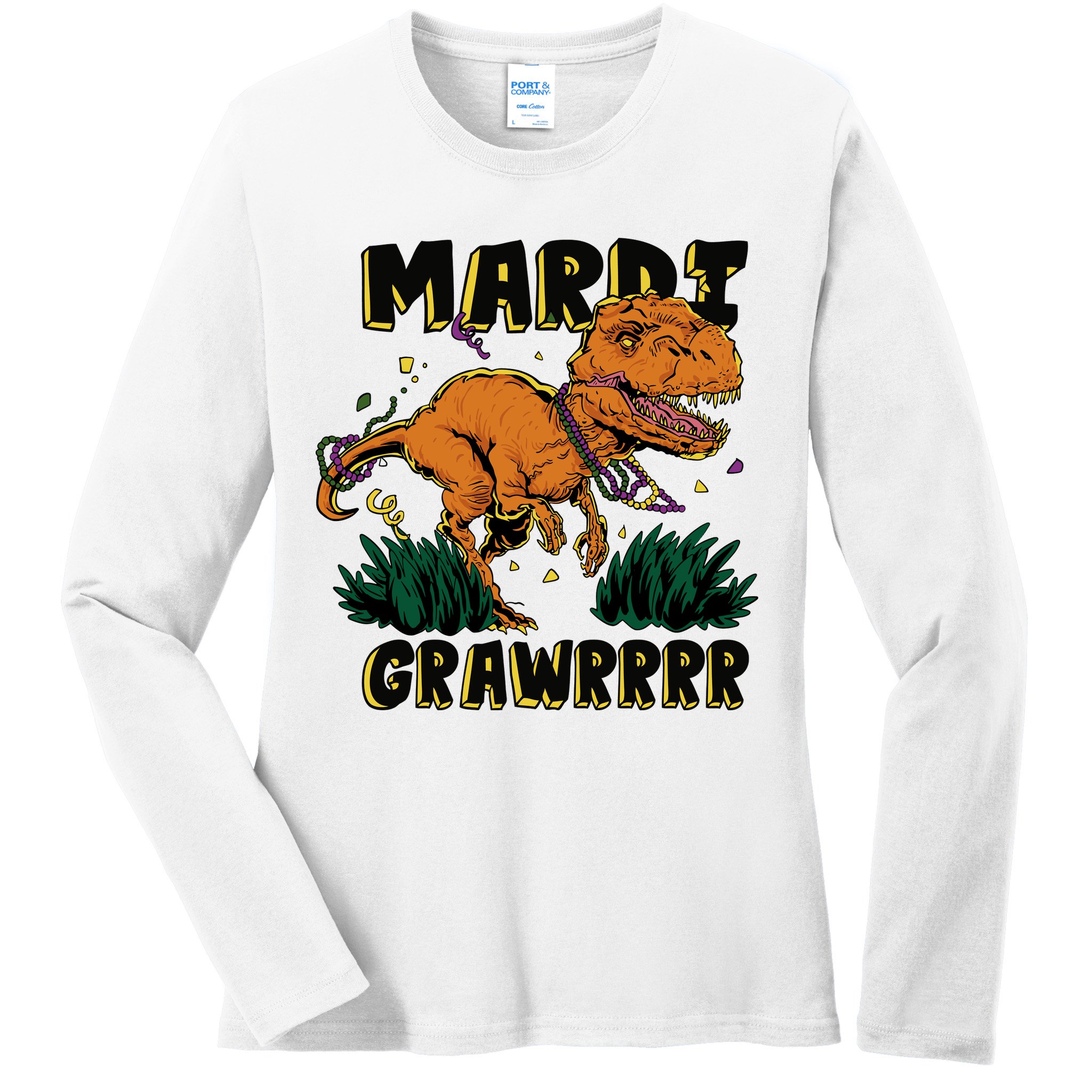 Mardi Gras Dinosaur Celebration Ladies Long Sleeve Shirt