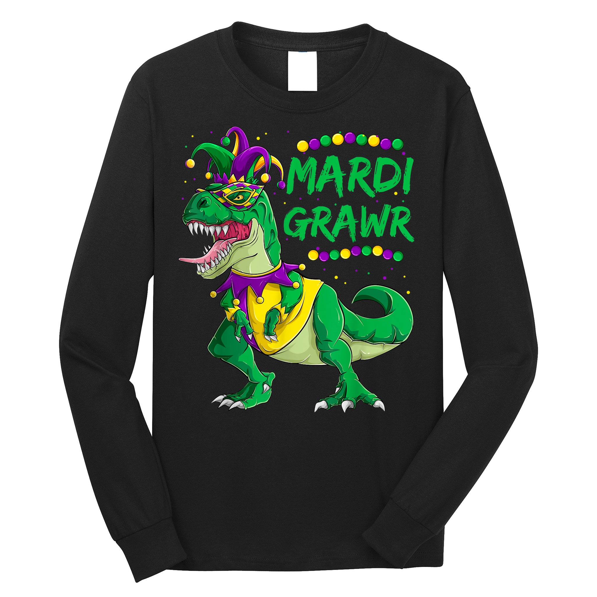Mardi Grawr Dino Jester Outfit, Mardi Gras T Rex Kids Boys Long Sleeve Shirt